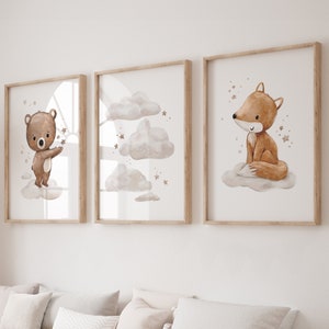 3er Posterset Kinderzimmer, Kinderposter Fuchs Bär Wolken, Ich werde geliebt, Bilder Set, Himmel Sterne, Babyzimmer Kinderbilder, A4 A3