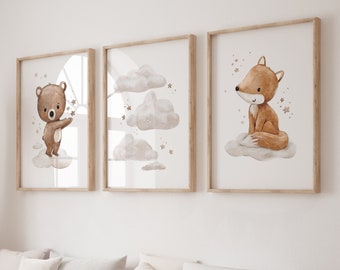 Set of 3 posters for children's rooms, children's posters fox bear clouds, I am loved, picture set, sky stars, baby room children's pictures, A4 A3