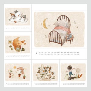 May include: A whimsical illustrated calendar featuring six panels with charming scenes. Includes snowmen, a sleeping bunny in a bed, a squirrel, a bunny with flowers, children with flowers, and a child with a squirrel. The calendar has a neutral background.