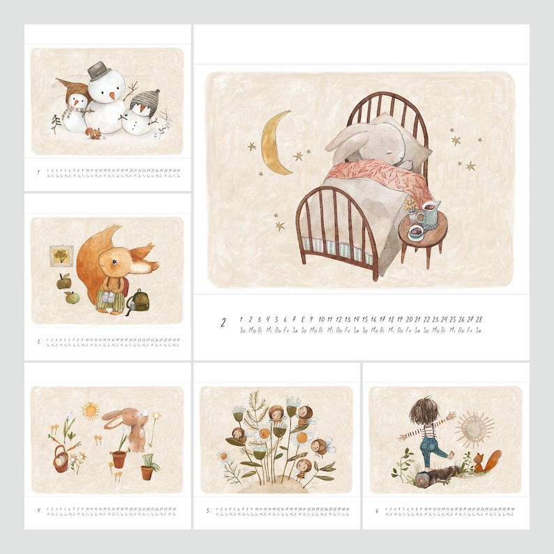 May include: A whimsical illustrated calendar featuring six panels with charming scenes. Includes snowmen, a sleeping bunny in a bed, a squirrel, a bunny with flowers, children with flowers, and a child with a squirrel. The calendar has a neutral background.