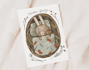 Geburtskarte "Babyhase im Bettchen", Karte zur Geburt, DIN A6, 0.34 mm dick