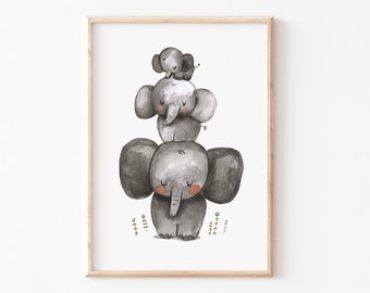 Kinderbild A3 A3 "3 Elefanten", Geschwister Poster, Elefantenposter, Kinderzimmer, Poster, Elefantenbild, Poster Kinderzimmer