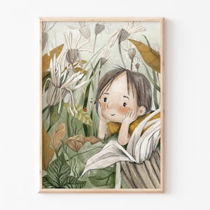 Kinderbild "Natur beobachten", Wiese, Boho Poster, Blumenwiese, Kinderposter, Kinderzimmer Poster, Kinderzimmer Print, Kinderzimmer Bilder