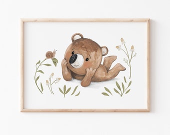 Kinderposter "Bär und Schnecke", Kinderbild Kinderzimmer Bild, Bärchen Teddy Bilder in A4 A3, Natur Poster Kinder, Blümchen Wald Sommerbild