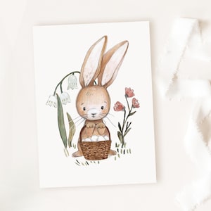 Osterkarte "Hase mit Korb und Blumen", Osterkarten, Karten für Ostern, Postkarten, Osterdeko, Hasenbilder, DIN A6