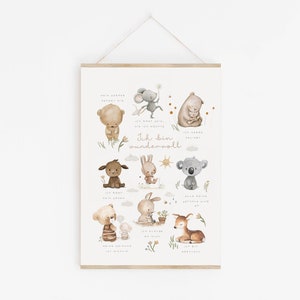 May include: A vertical wall hanging poster featuring watercolor illustrations of various animals including a mouse, bear, koala, rabbit, and deer. The text "Ich bin wundervoll" is centered among the animals, accompanied by smaller German phrases.
