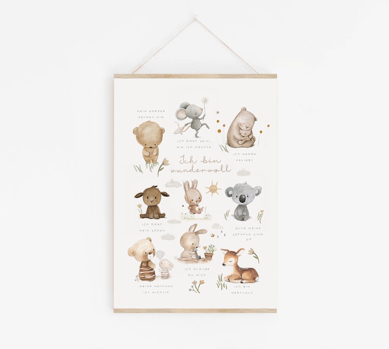 May include: A vertical wall hanging poster featuring watercolor illustrations of various animals including a mouse, bear, koala, rabbit, and deer. The text "Ich bin wundervoll" is centered among the animals, accompanied by smaller German phrases.
