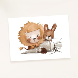 Karten zur Einschulung "Löwe, Hase und Igel" , Karten Schulanfang, Löwe, Schultüte, DIN A6, Einschulung Karte Tiere