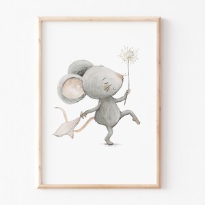 Kinderposter Kinderzimmer "Maus tanzt" A3 A4, Kinderbild Kinderposter, Kinderbild Maus grau rosa weiß, Kinderzimmer Wanddeko DIN A3 DIN A4