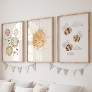 Posterset "Sommer", Kinderzimmer Kinderposter Sonne Blumen Bienen, Bilder Set Babyzimmer Kinderbilder, Pastell Blumenposter für Kinder A4 A3