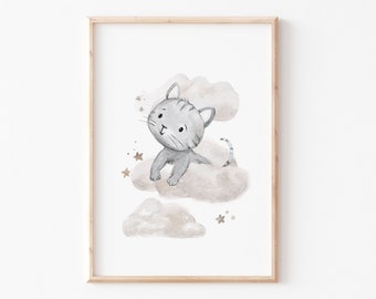 Children's picture "Cat on clouds", poster sky with stars children's room, kitten animal print, cat pictures, children's room picture grey white, A4 A3