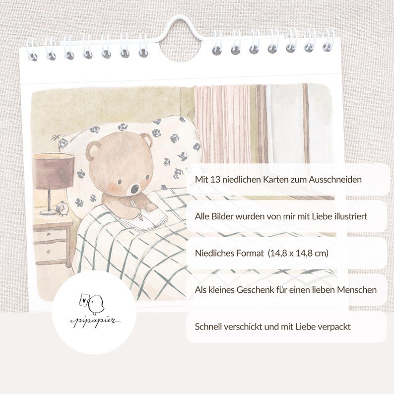 May include: A spiral-bound calendar featuring a watercolor illustration of a teddy bear in bed, writing. The calendar includes text in German, including "Mit 13 niedlichen Karten zum Ausschneiden" and "Niedliches Format (14.8 x 14.8 cm)".