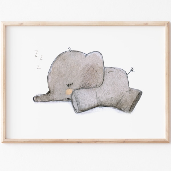 Kinderbild Elefant A4 A3 Elefant schläft, Kinderposter Kinderzimmer, Kinderzimmer Wanddeko, Kinderzimmer Bilder, Kinderzimmer Deko