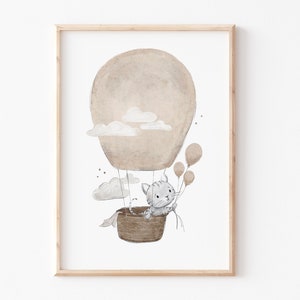 Kinderbild "Katze im Ballon", A4 A3 Poster Heißluftballon Kinderzimmer Wolken Himmel, Kätzchen, Tierprint, Katzen Bilder, Katzenposter beige