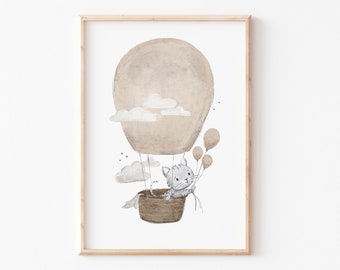 Kinderbild "Katze im Ballon", A4 A3 Poster Heißluftballon Kinderzimmer Wolken Himmel, Kätzchen, Tierprint, Katzen Bilder, Katzenposter beige