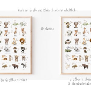 Peut inclure: Deux affiches d'alphabet encadr&eacute;es avec des illustrations d'animaux. L'affiche de gauche montre des lettres majuscules avec des animaux. L'affiche de droite montre des lettres majuscules et minuscules avec des animaux. Le texte sur les affiches indique "Nur die Gro&szlig;buchstaben" et "Gro&szlig;buchstaben & Kleinbuchstaben".