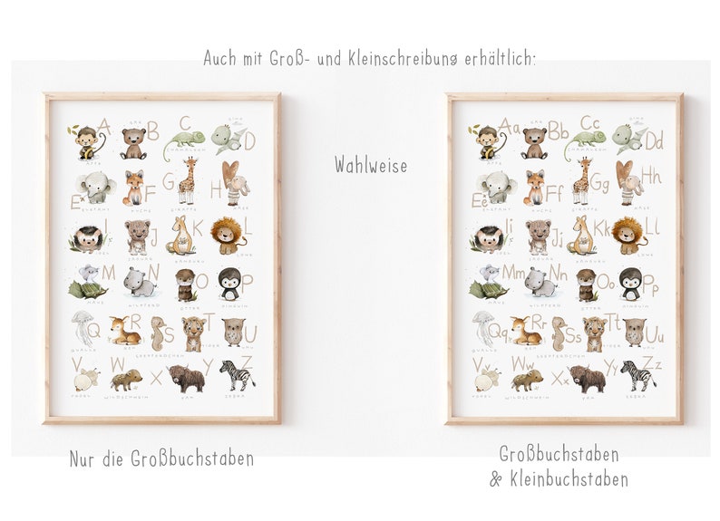 Peut inclure: Deux affiches d'alphabet encadr&eacute;es avec des illustrations d'animaux. L'affiche de gauche montre des lettres majuscules avec des animaux. L'affiche de droite montre des lettres majuscules et minuscules avec des animaux. Le texte sur les affiches indique "Nur die Gro&szlig;buchstaben" et "Gro&szlig;buchstaben & Kleinbuchstaben".