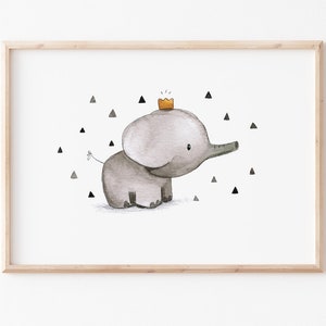 Kinderbild Kinderposter A4 A3 Elefant mit Krone Kinderzimmer Bild, Kinderposter, Kinderzimmer Wanddeko, Tierprint, Poster Kinderzimmer zdjęcie 1