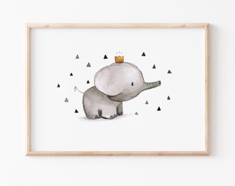 Kinderbild Kinderposter A4 A3 "Elefant mit Krone" Kinderzimmer Bild, Kinderposter, Kinderzimmer Wanddeko, Tierprint, Poster Kinderzimmer