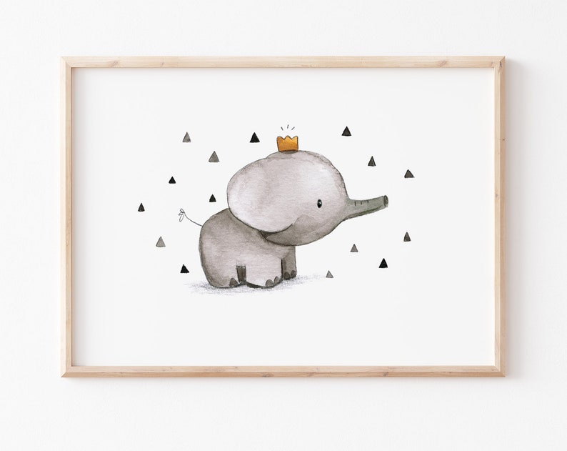 Kinderbild Kinderposter A4 A3 Elefant mit Krone Kinderzimmer Bild, Kinderposter, Kinderzimmer Wanddeko, Tierprint, Poster Kinderzimmer zdjęcie 1