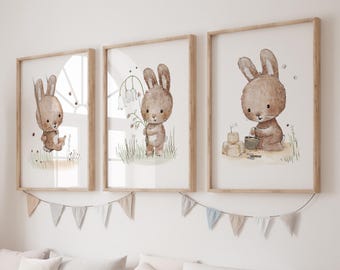 3-piece poster set: Rabbits for children's rooms, children's posters featuring rabbits, flowers, swings, and other flowers; children's room pictures; baby room animal posters; A4 A3