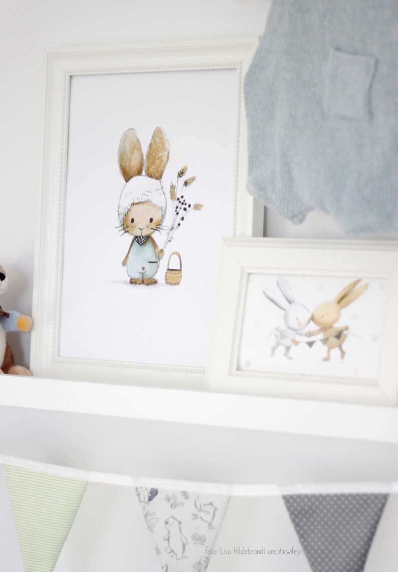 Kinderzimmer Kinderbild Hase Natur, Poster Kinderzimmer Deko, Babyzimmer Deko, beige hellblau zdjęcie 4