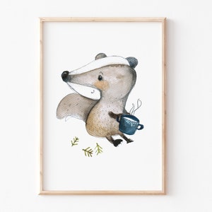 Children's picture "Badger" A4 A3, forest animals poster, forest animals pictures, children's room pictures, children's room decoration, children's animal poster, children's picture painted