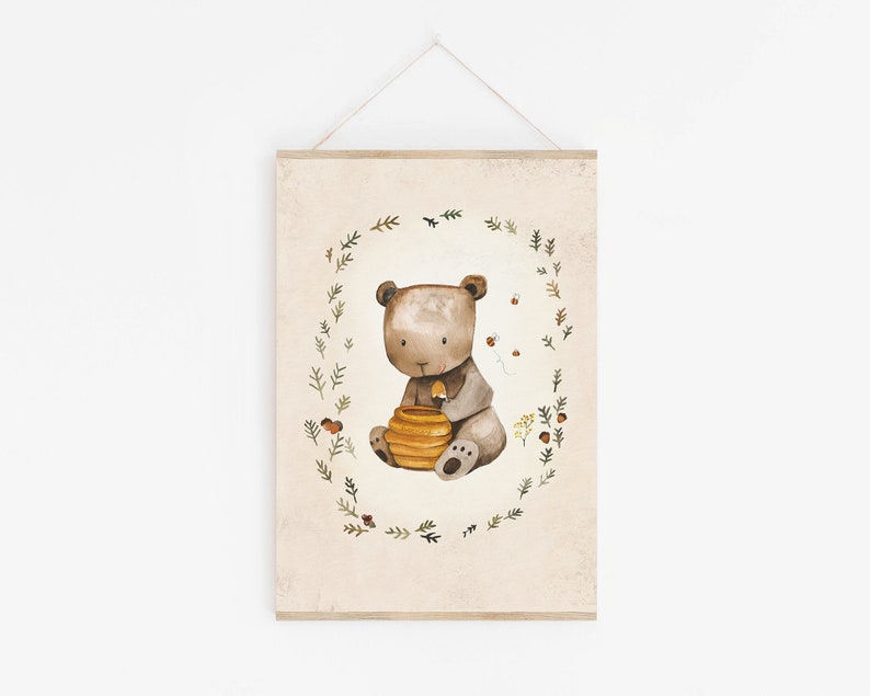 Boho Kinderbild Honigbär, Poster Kinderzimmer Deko, Wanddeko Kinderzimmer, Bär Poster zdjęcie 1