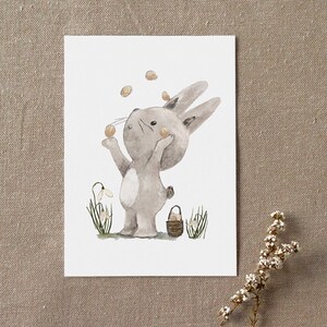Osterkarte "Hase jongliert", Osterkarten, Karten für Ostern, Postkarten, Osterdeko, Hasenbilder, DIN A6