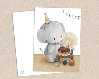 Karte "Elefant feiert Geburtstag" Geburtstagskarte Kinder , Einladungskarten Kindergeburtstag, DIN A6, ca. 0,4 mm dick