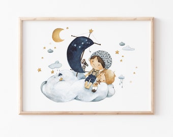 Kinderbild "Traumreise" Poster, Kinderposter Geschwister, Wolkenschiff Bild Kinderzimmer, Deko