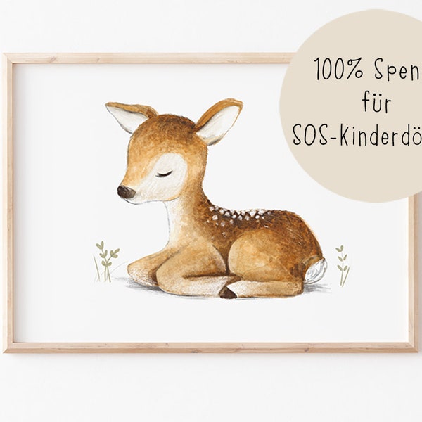 Kinderbild Poster A4 A3 "Reh liegt", Spende, Kinderzimmer Bilder, Kinderposter, 100% SPENDE an SOS- Kinderdörfer, Poster Kinderzimmer