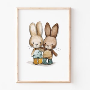 Kinderbild Poster Kinderzimmer "Hasenfreunde" A3 A4, Geschwister Poster, Kinderposter, Geschwister Hasenbild, Kinderzimmer Poster