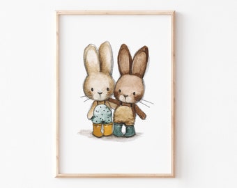 Children's picture poster children's room "rabbit friends" A3 A4, siblings poster, children's poster, siblings rabbit picture, children's room poster