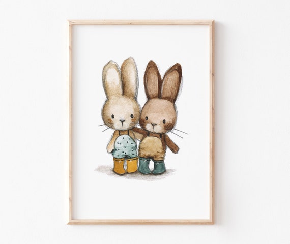 Poster Lapin Friends. Décoration Chambre Enfant. Dessin thème pastel.