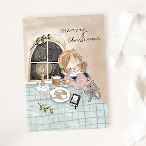 Christmas cards &quot;Christmas time&quot;, Christmas cards, cat and child, tea drinking card, cozy Christmas card, cozy, Merry Christmas