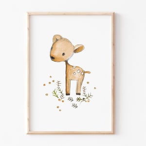 Kinderbild Poster "Reh" A4 A3, Waldtiere Poster, Rehkitz, Tierposter, Kinderposter, Kinderzimmer Bilder, Kinderzimmer Dekoration, Tierprint
