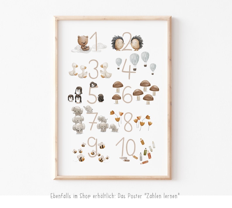 Peut inclure: Une affiche &eacute;ducative color&eacute;e avec des illustrations d'animaux et des nombres de 1 &agrave; 10. L'affiche pr&eacute;sente un ours, un h&eacute;risson, des canards, des pingouins, des &eacute;l&eacute;phants, des fleurs, des abeilles et des crayons.