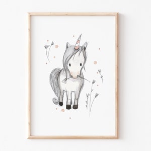 Kinderbild A4 A3 "Einhorn", Einhornposter Kinderzimmer, weiß rosa, Wanddekoration, Bild Kinderzimmer, Kinderbilder, Kinderzimmer Bilder