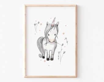 Kinderbild A4 A3 "Einhorn", Einhornposter Kinderzimmer, weiß rosa, Wanddekoration, Bild Kinderzimmer, Kinderbilder, Kinderzimmer Bilder