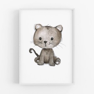 May include: A watercolor illustration of a brown and white cat sitting with its tail curled behind it. The cat has a cute, cartoon-like expression.