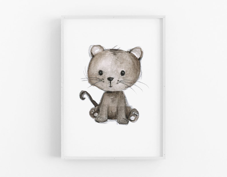 May include: A watercolor illustration of a brown and white cat sitting with its tail curled behind it. The cat has a cute, cartoon-like expression.