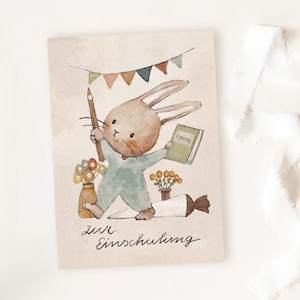 Einschulungskarte "Hase mit Stift und Buch" zur Einschulung, Karten Schulanfang, Häschen, Hasen, Karte Schulbeginn, Schulkind Karte