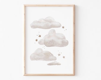 Kinderposter "Wolken" Himmel Poster Sterne, Kinderzimmer Babyzimmer, Kinderzimmerbild in grau weiß beige, skandi, minimalistisch, A4 A3