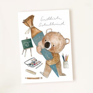 Karte zur Einschulung "Endlich Schulkind", Karte zum Schulbeginn, Einschulungskarten, Karte zum Schulstart mit Tafel, Blumen, Bär, Schultüte