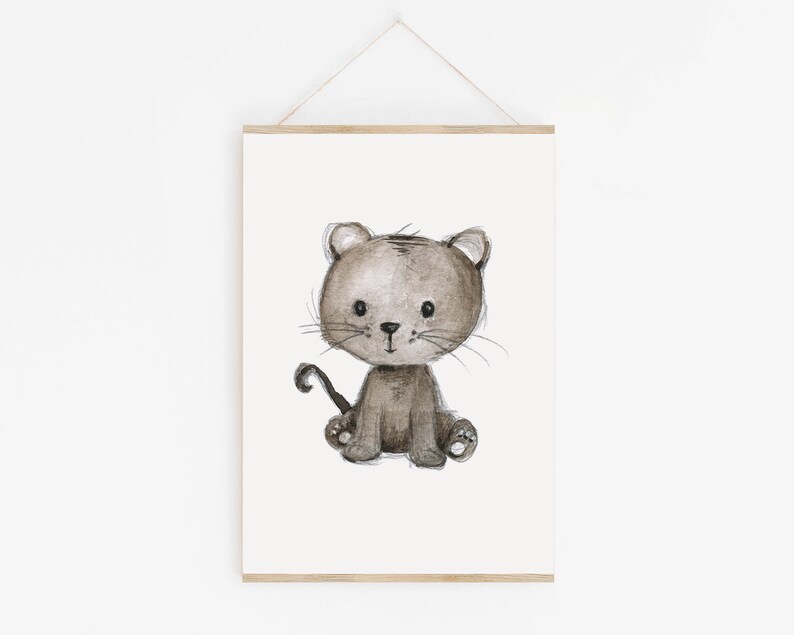 May include: A watercolor illustration of a brown and gray cat with a curled tail. The cat is sitting with its paws tucked under its body and has a sweet expression on its face.