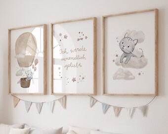 Set of 3 cat posters hot air balloon children's room, children's room pictures I am loved, clouds cat sky children's poster picture set, A4 A3