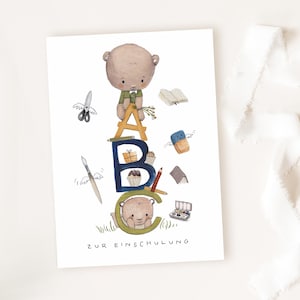 Karte zur Einschulung "ABC Bären", Karte zum Schulanfang, Karte Schulstart, DIN A6, Aquarell, gemalt