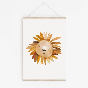 May include: A watercolor illustration of a lion's face with a brown and orange mane. The lion has a friendly expression with a small pink nose and closed eyes.