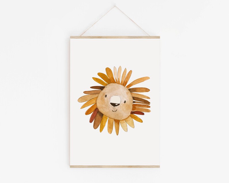 May include: A watercolor illustration of a lion's face with a brown and orange mane. The lion has a friendly expression with a small pink nose and closed eyes.
